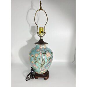Vintage Floral Ceramic Table Lamp With Hand-Painted Bird Design On Wood Base